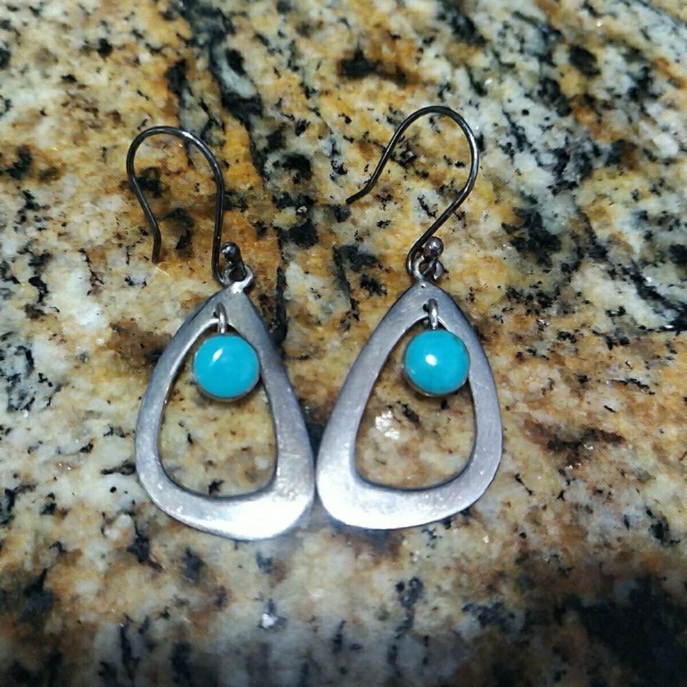 925 Sterling Silver Turquoise MSM Dangle Drop Earrings Signed Mexico